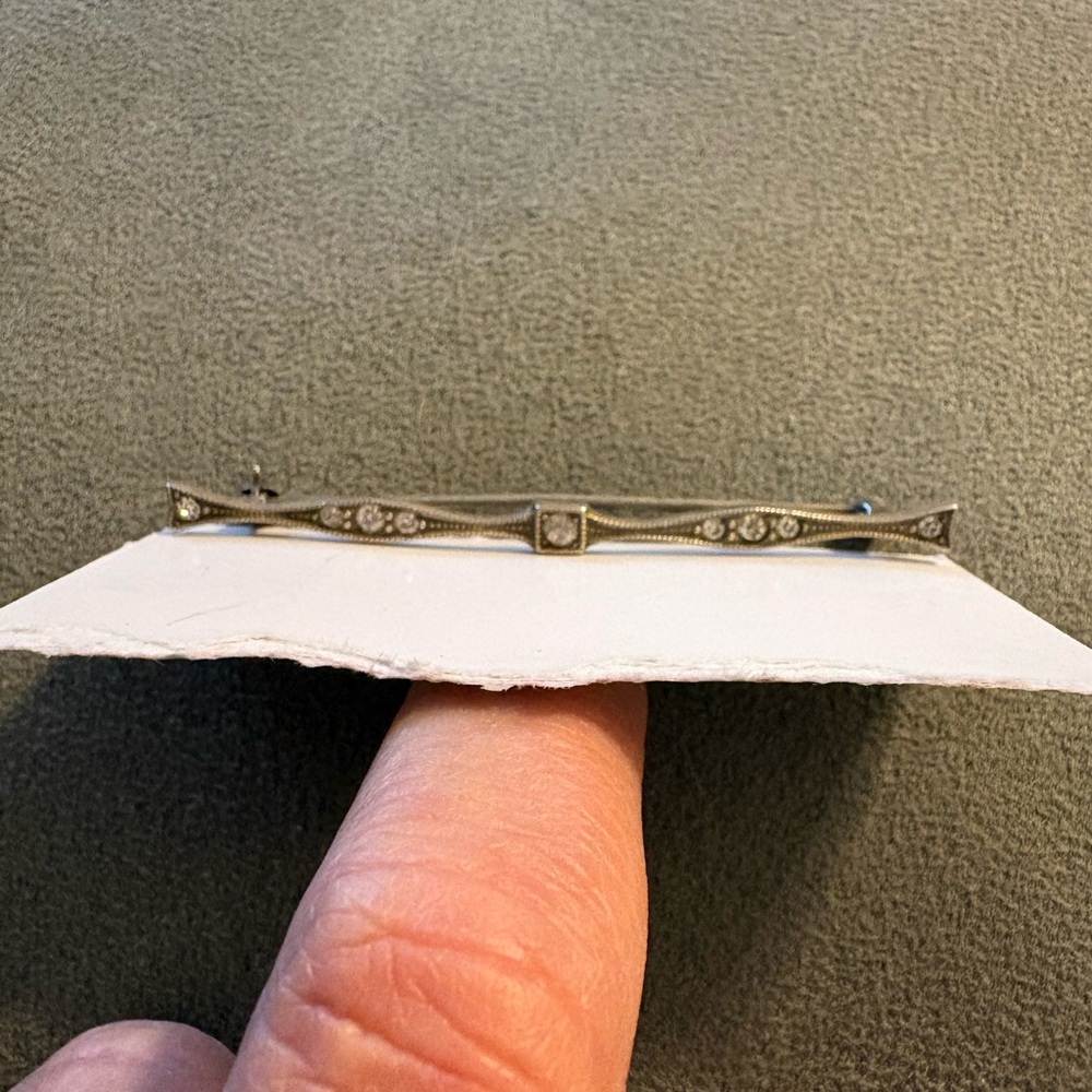 Vintage Art Deco Diamond Bar Rhinestone Sterling Silver Brooch Lapel Pin - Picture 2 of 8